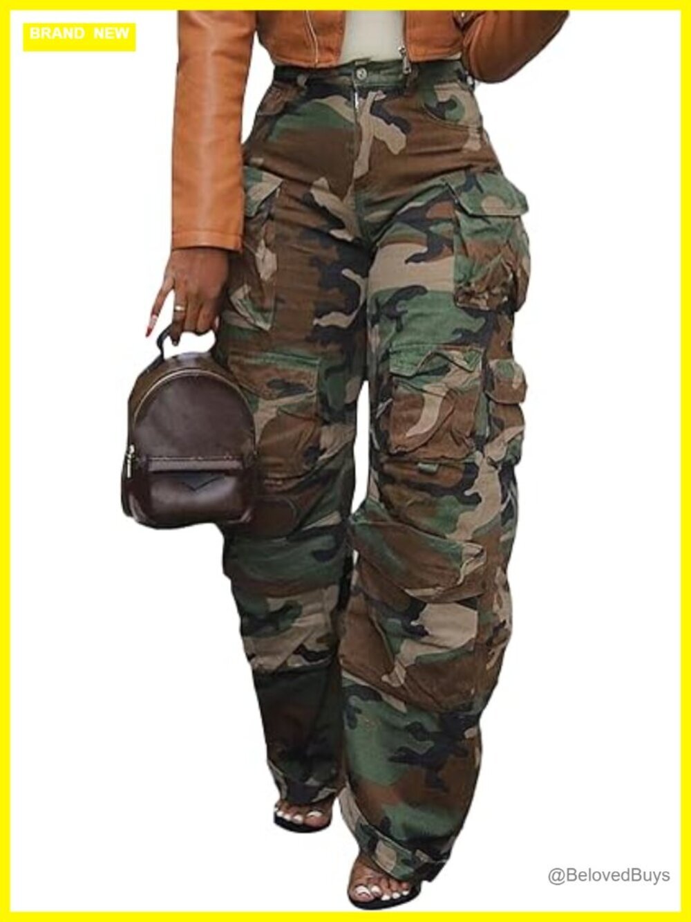 High Waisted Camo Cargo Jeans Wide Leg Baggy Denim Pants with Multi Pockets